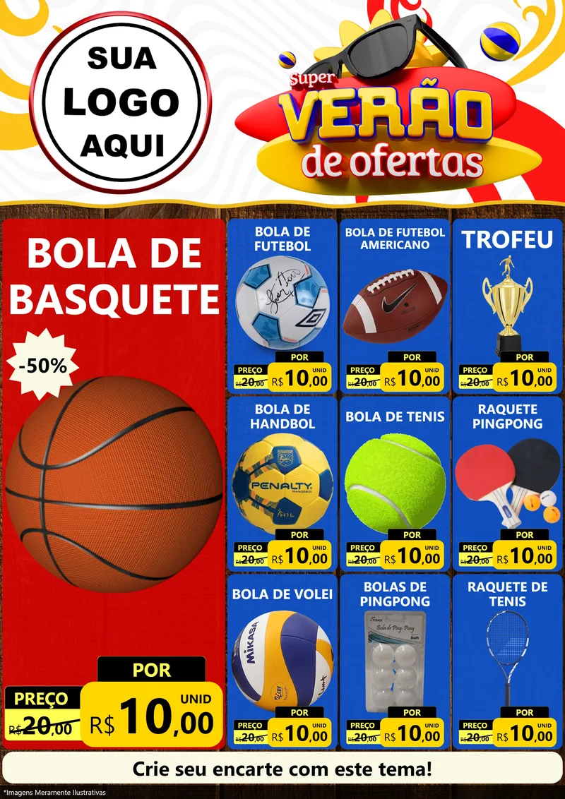 Modelo de Encarte para Encarte A4 Vertical com o tema Super Verão de Ofertas para Artigos Esportivos