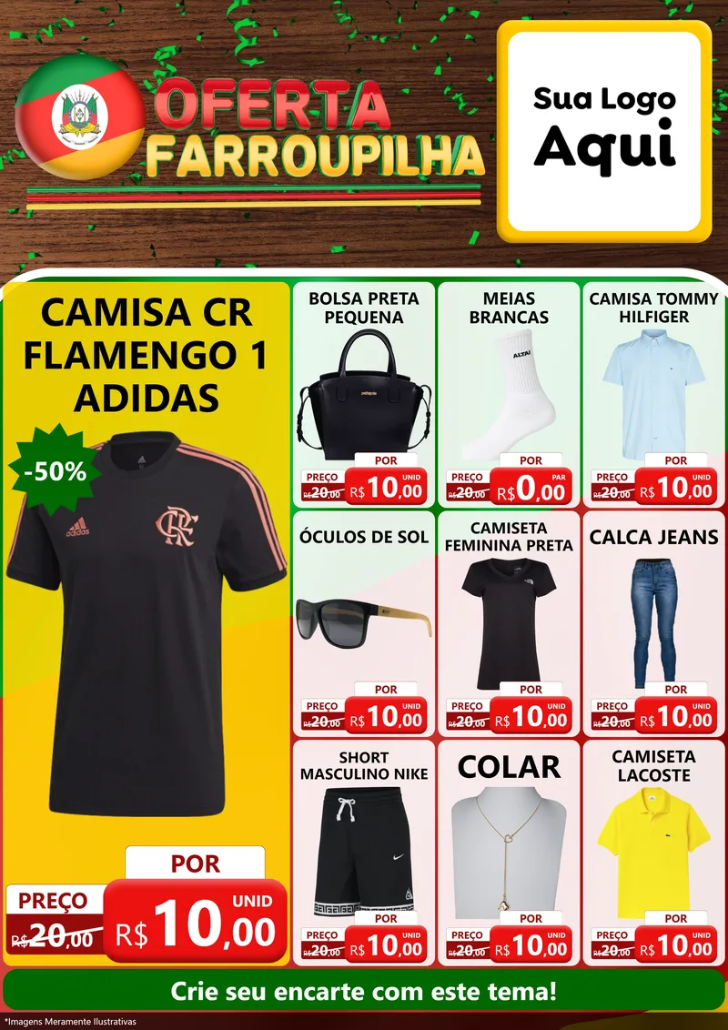 Modelo de Encarte para Encarte A4 Vertical com o tema Oferta Farroupilha para Roupas e acessórios