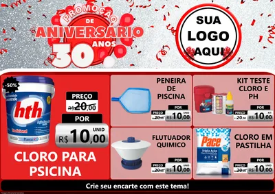 Modelo de Encarte para Encarte A4 Horizontal com o tema Promoção de Aniversário - 30 Anos para Produtos para Piscina