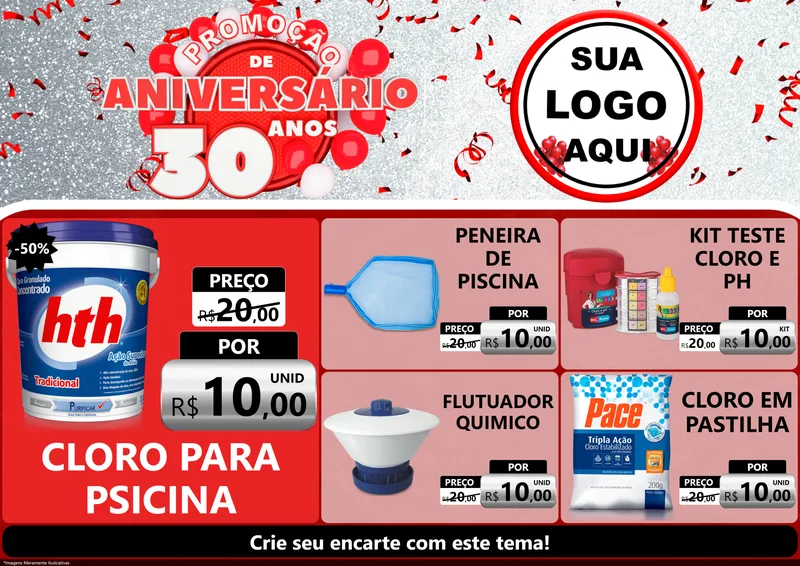 Modelo de Encarte para Encarte A4 Horizontal com o tema Promoção de Aniversário - 30 Anos para Produtos para Piscina