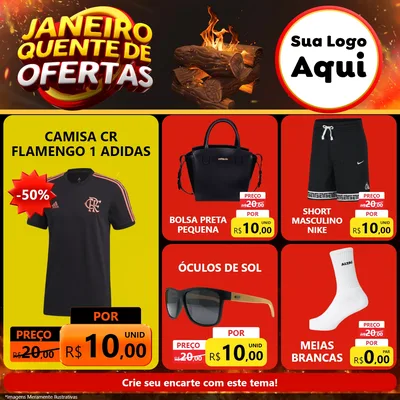 Modelo de Rede Social para Feed Facebook com o tema Janeiro Quente de Ofertas para Roupas e acessórios