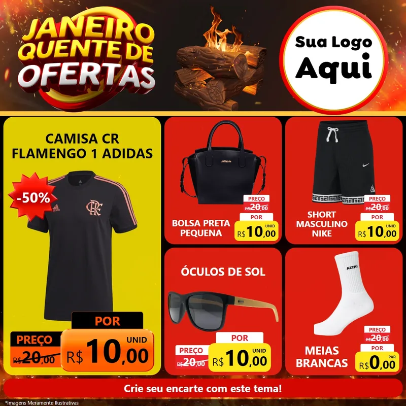 Modelo de Rede Social para Feed Facebook com o tema Janeiro Quente de Ofertas para Roupas e acessórios