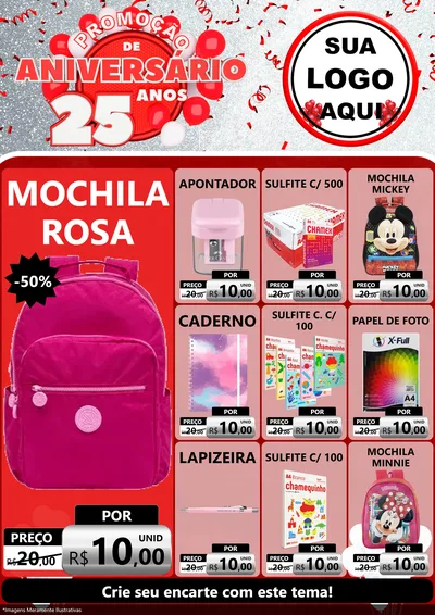 Modelo de Encarte para Encarte A4 Vertical com o tema Promoção de Aniversário - 25Anos para Papelaria