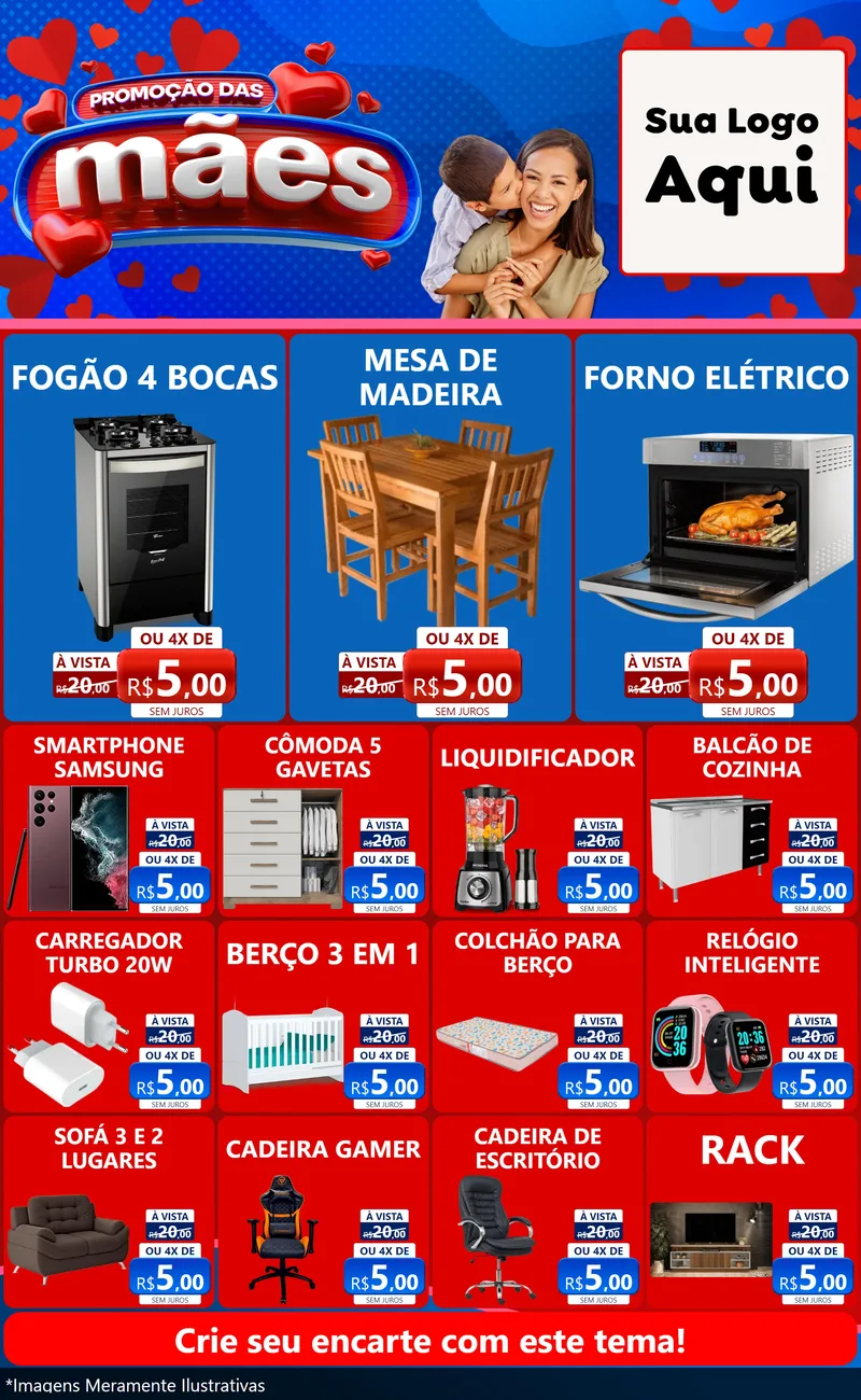 Modelo de Encarte para Encarte Grande com o tema Promoção das Mães para Móveis e Eletro