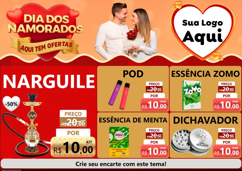 Modelo de Encarte para Encarte A4 Horizontal com o tema Dia dos Namorados - Aqui Tem Ofertas para Tabacaria