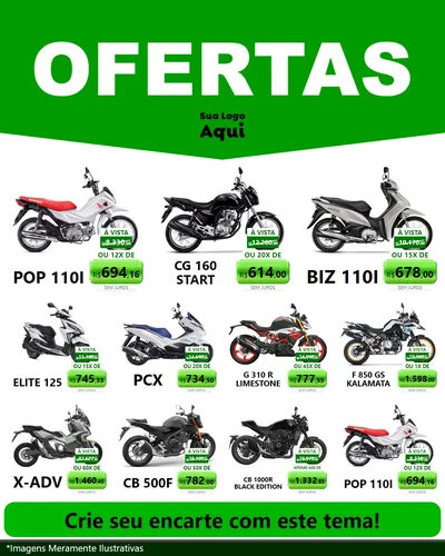 Modelo de Rede Social para Feed Instagram com o tema Ofertas Verde Cartaz para Concessionaria de Motos