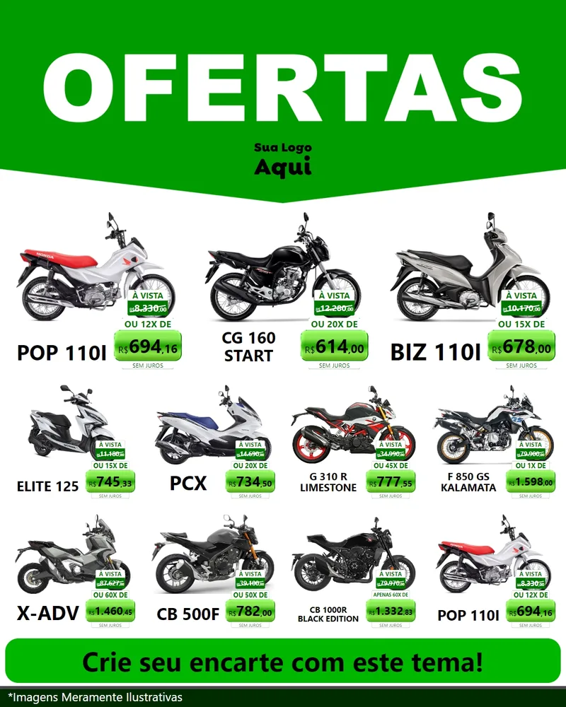 Modelo de Rede Social para Feed Instagram com o tema Ofertas Verde Cartaz para Concessionaria de Motos
