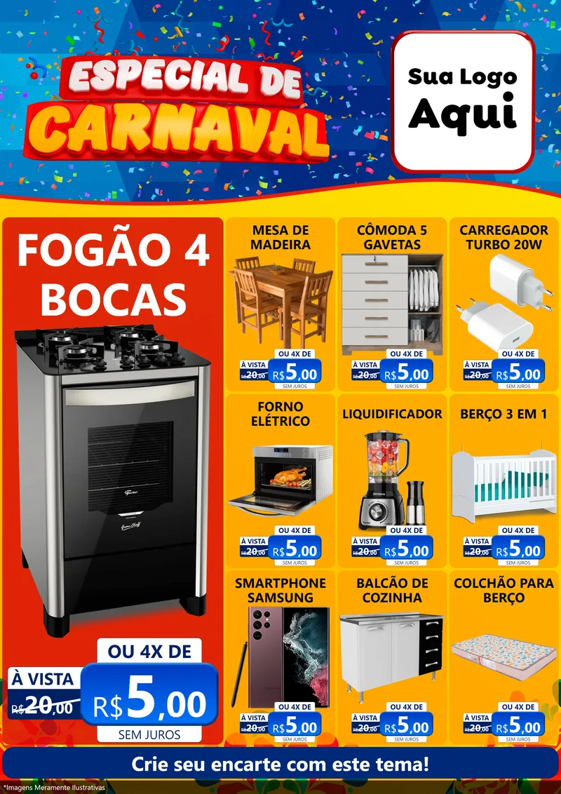 Modelo de Encarte para Encarte A4 Vertical com o tema Especial de Carnaval para Móveis e Eletro
