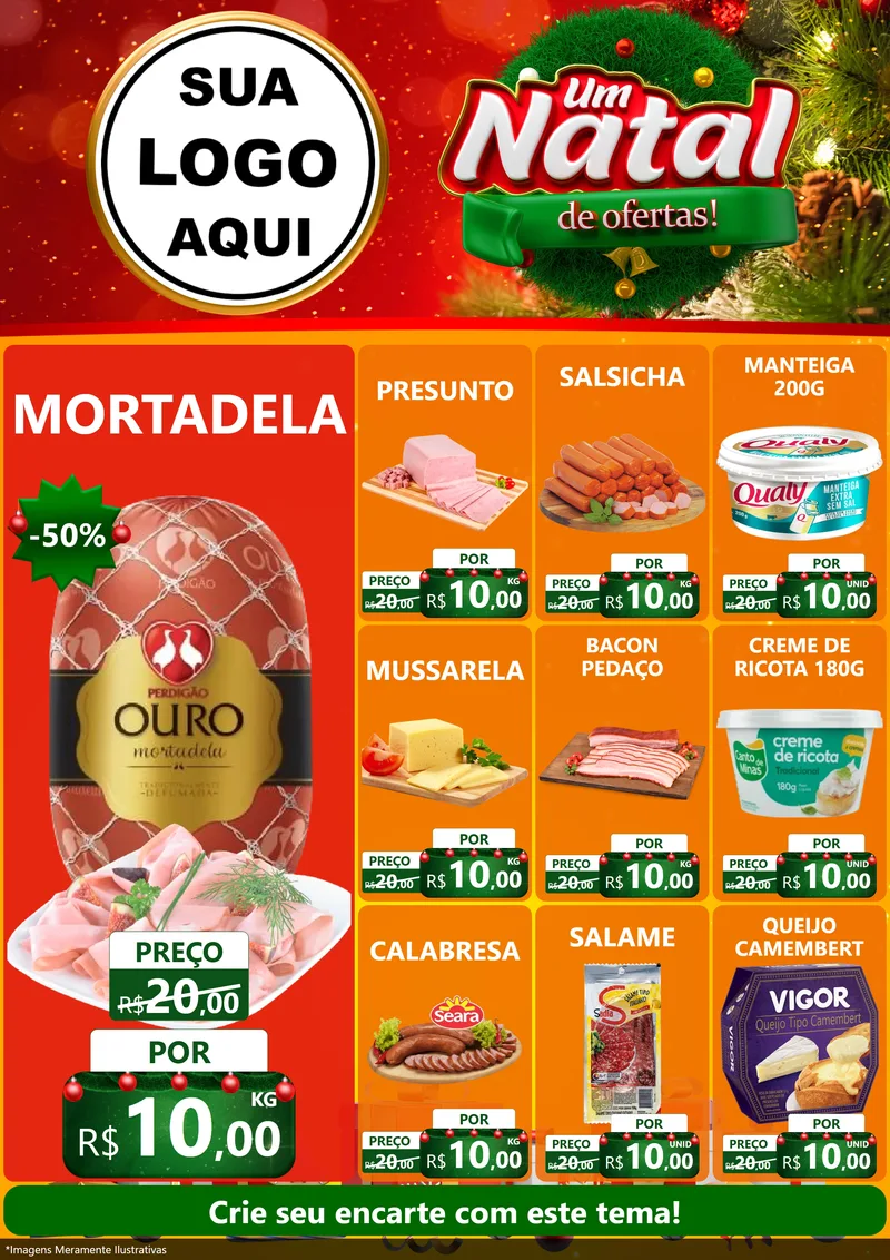 Modelo de Encarte para Encarte A4 Vertical com o tema Um Natal de Ofertas para Frios e Laticínios