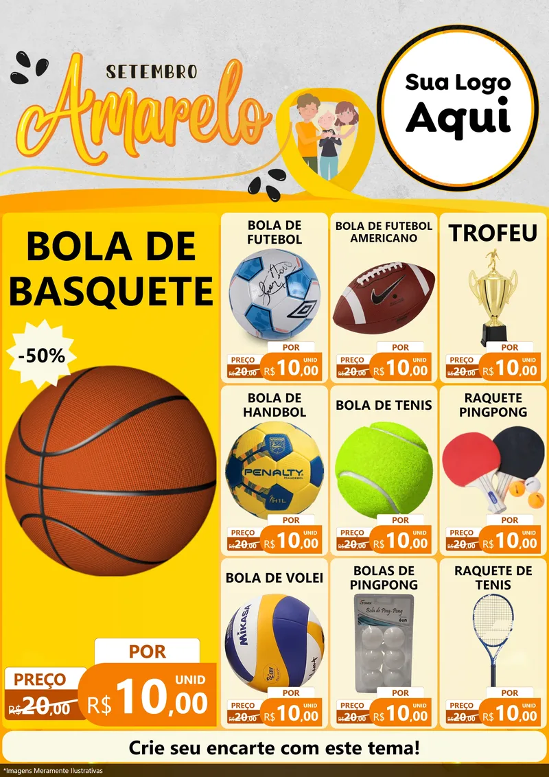 Modelo de Encarte para Encarte A4 Vertical com o tema Setembro Amarelo para Artigos Esportivos