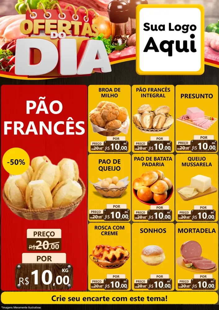 Modelo de Encarte para Encarte A4 Vertical com o tema Ofertas do Dia para Padaria
