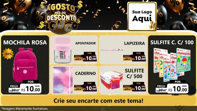 Modelo de TV para TV Horizontal com o tema Agosto Mês do Desconto Louco para Papelaria