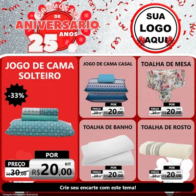 Modelo de Rede Social para Feed Facebook com o tema Promoção de Aniversário - 25Anos para Cama, Mesa e Banho