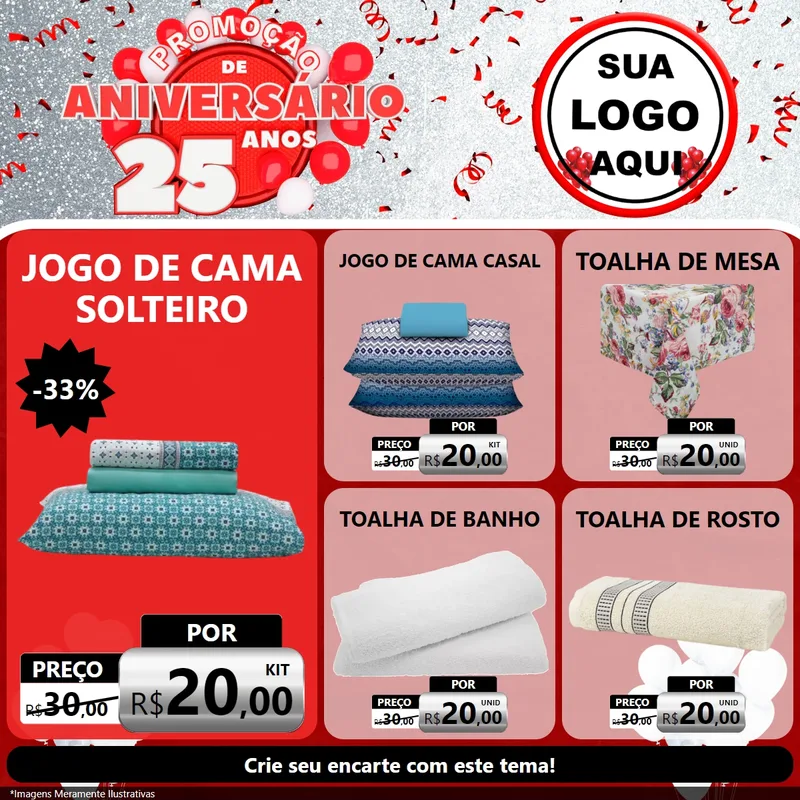 Modelo de Rede Social para Feed Facebook com o tema Promoção de Aniversário - 25Anos para Cama, Mesa e Banho