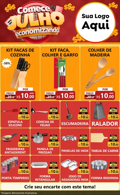 Modelo de Encarte para Encarte Grande com o tema Comece Julho Economizando para Utilidades Domésticas
