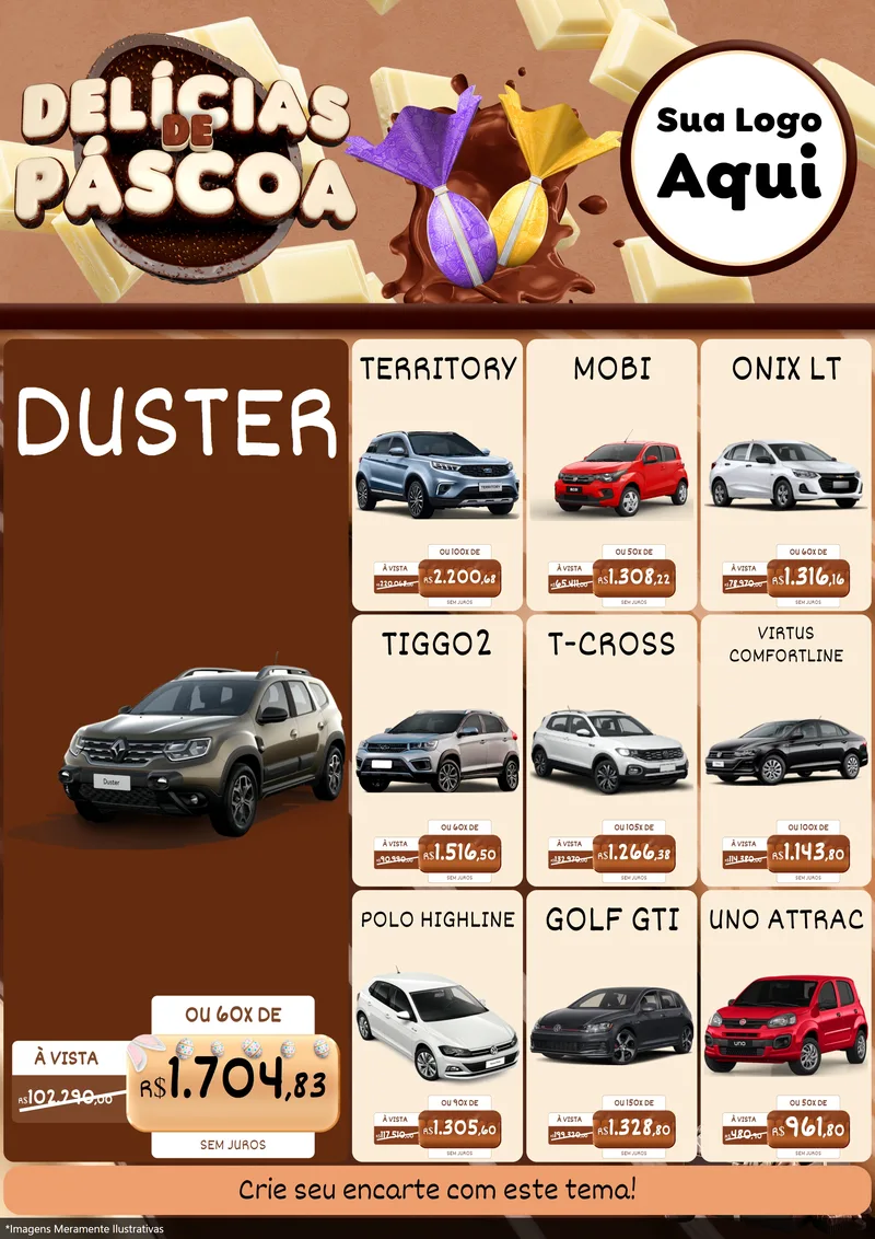 Modelo de Encarte para Encarte A4 Vertical com o tema Delícias de Páscoa para Concessionaria de Carros