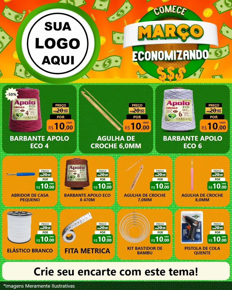 Modelo de Rede Social para Feed Instagram com o tema Comece Março Economizando para Armarinho e Aviamentos