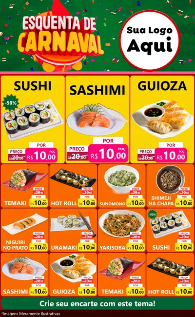 Modelo de Encarte para Encarte Grande com o tema Esquenta de Carnaval para Comida japonesa