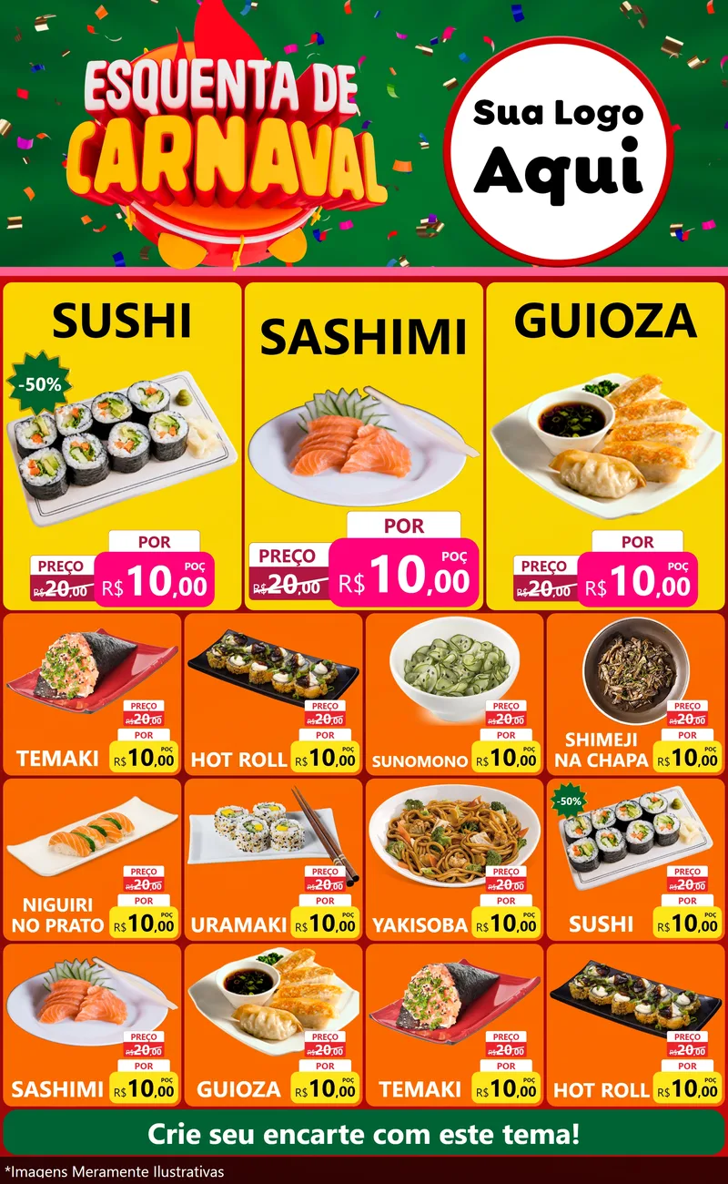 Modelo de Encarte para Encarte Grande com o tema Esquenta de Carnaval para Comida japonesa