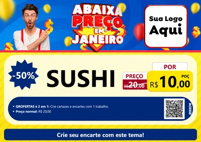 Modelo de Cartaz para Cartaz A4 Horizontal com o tema Abaixa Preço em Janeiro para Comida japonesa