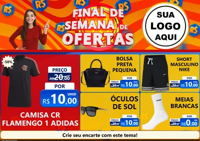 Modelo de Encarte para Encarte A4 Horizontal com o tema Final de Semana de Ofertas para Roupas e acessórios