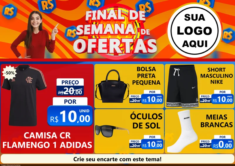 Modelo de Encarte para Encarte A4 Horizontal com o tema Final de Semana de Ofertas para Roupas e acessórios
