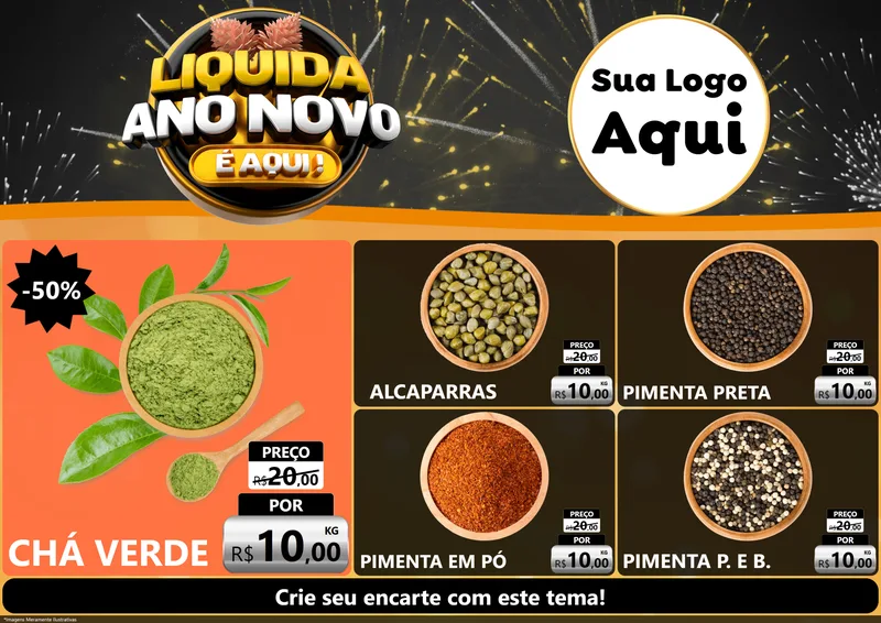 Modelo de Encarte para Encarte A4 Horizontal com o tema Liquida Ano Novo É Aqui! para Produtos Naturais