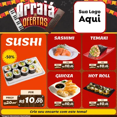 Modelo de Rede Social para Feed Facebook com o tema Arraiá de Ofertas - Junina para Comida japonesa