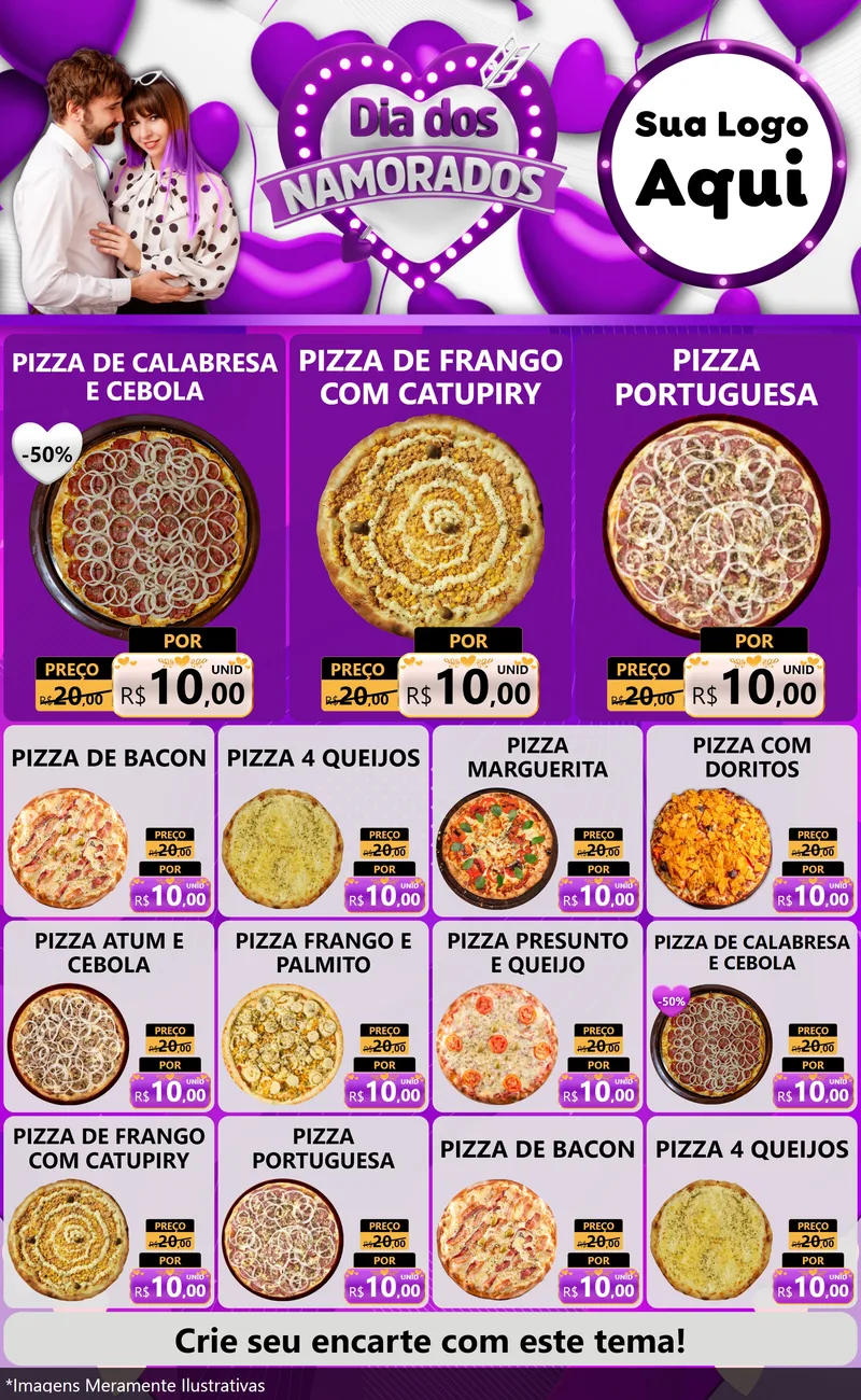Modelo de Encarte para Encarte Grande com o tema Dia dos Namorados para Pizzaria
