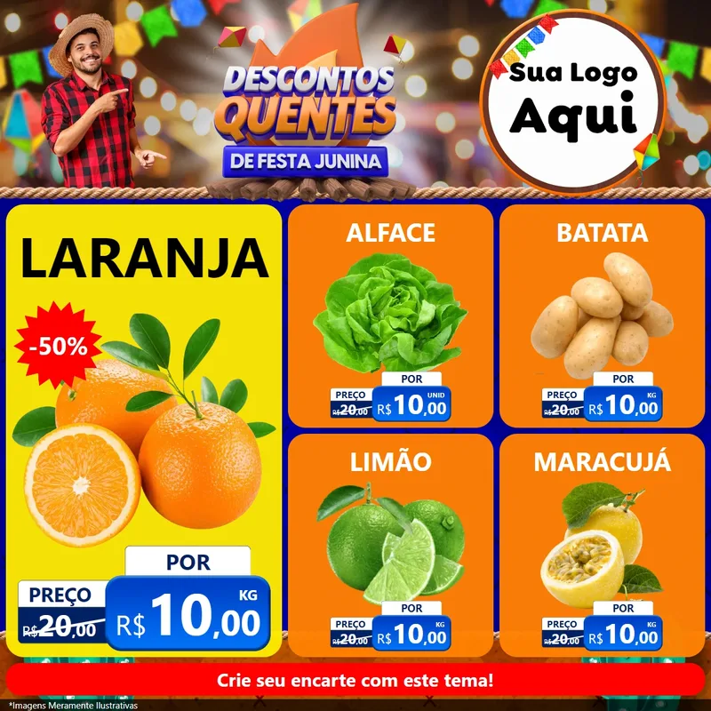 Modelo de Rede Social para Feed Facebook com o tema Descontos Quentes de Festa Junina para Hortifrúti