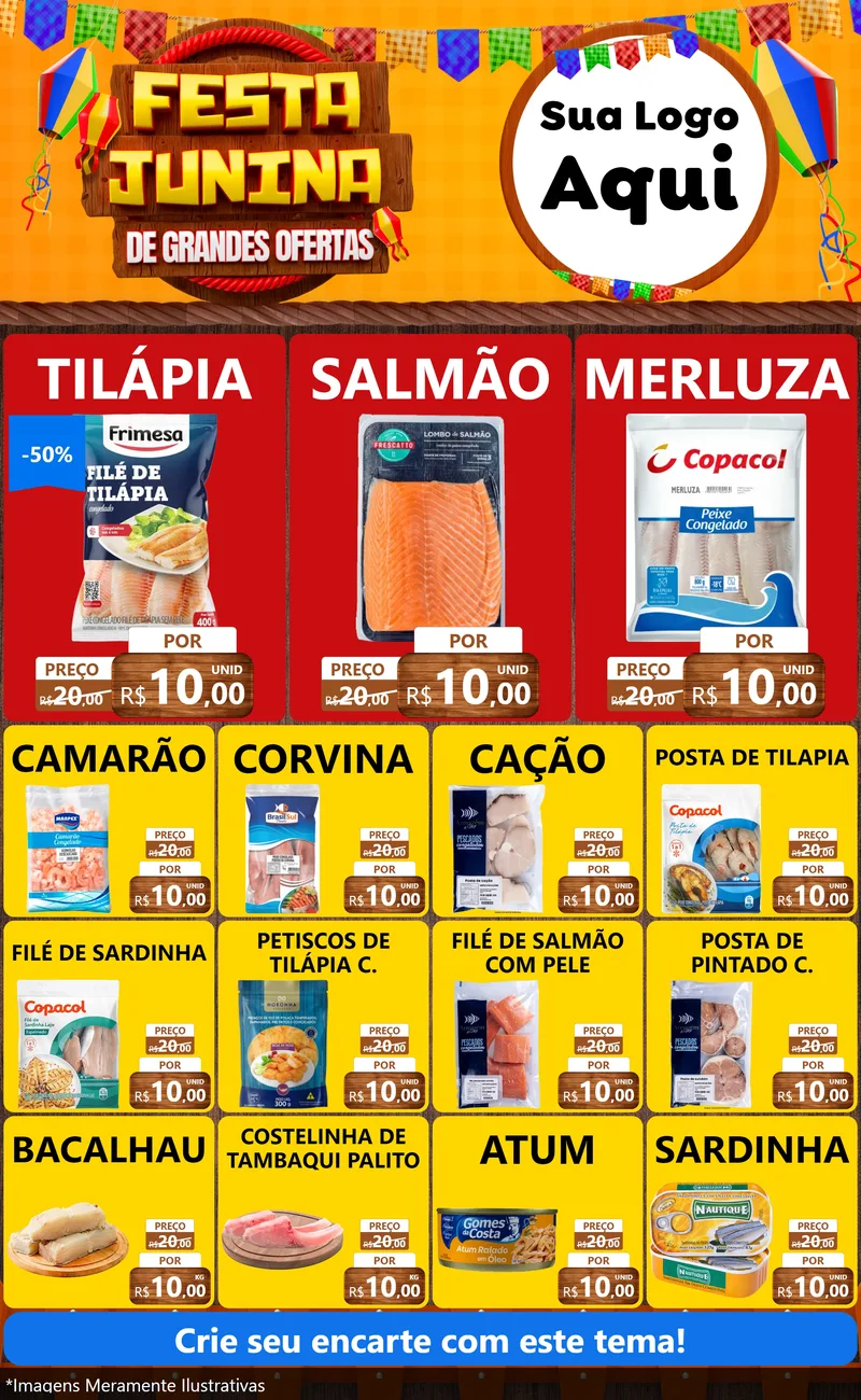 Modelo de Encarte para Encarte Grande com o tema Festa Junina de Grandes Ofertas para Peixaria