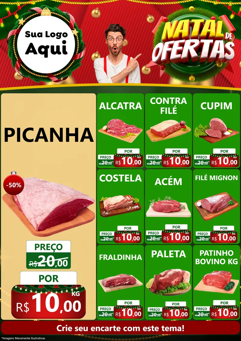 Modelo de Encarte para Encarte A4 Vertical com o tema Natal de Ofertas para Açougue