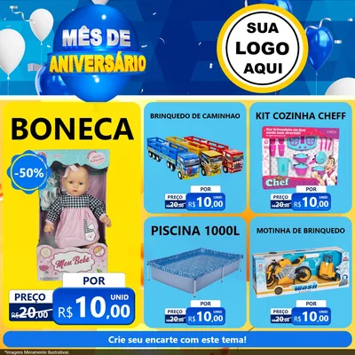 Modelo de Rede Social para Feed Facebook com o tema Mês de Aniversário para Brinquedos