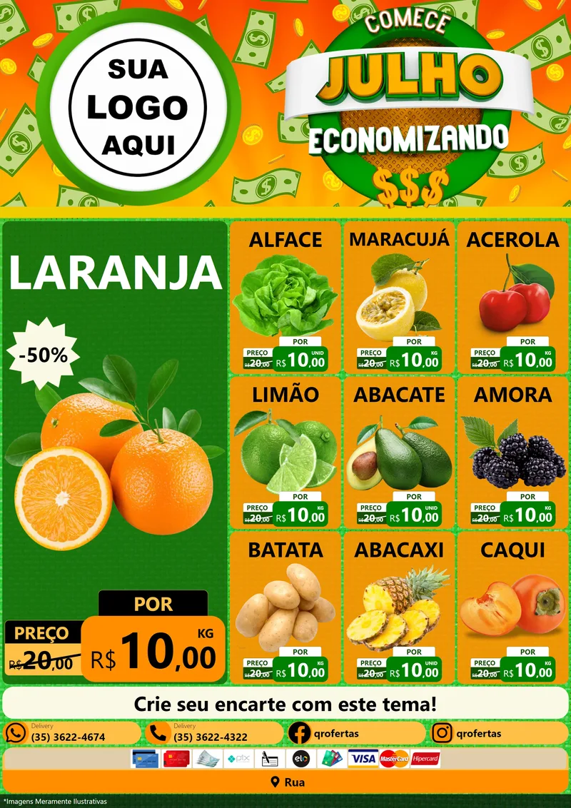 Modelo de Encarte para Encarte A4 Vertical com o tema Comece Julho Economizando para Hortifrúti