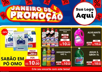 Modelo de Encarte para Encarte A4 Horizontal com o tema Janeiro de Promoção para Produtos de Limpeza