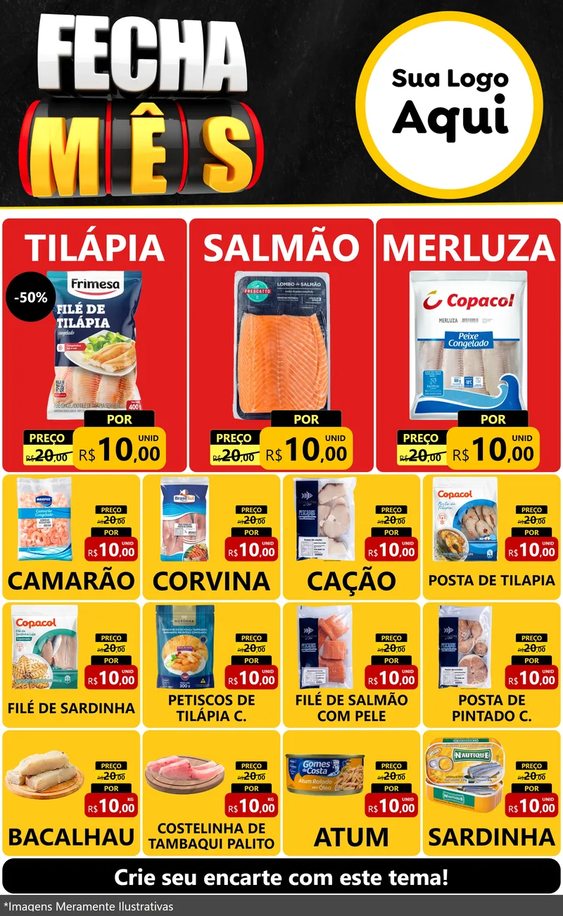 Modelo de Encarte para Encarte Grande com o tema Fecha Mês para Peixaria
