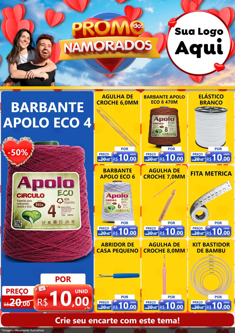 Modelo de Encarte para Encarte A4 Vertical com o tema Promo dos Namorados para Armarinho e Aviamentos