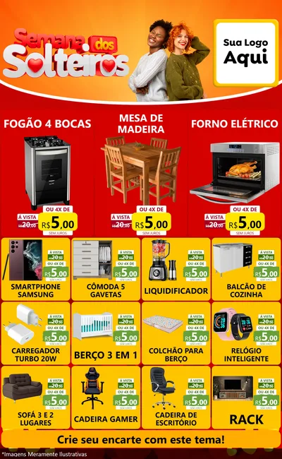 Modelo de Encarte para Encarte Grande com o tema Semana dos Solteiros para Móveis e Eletro