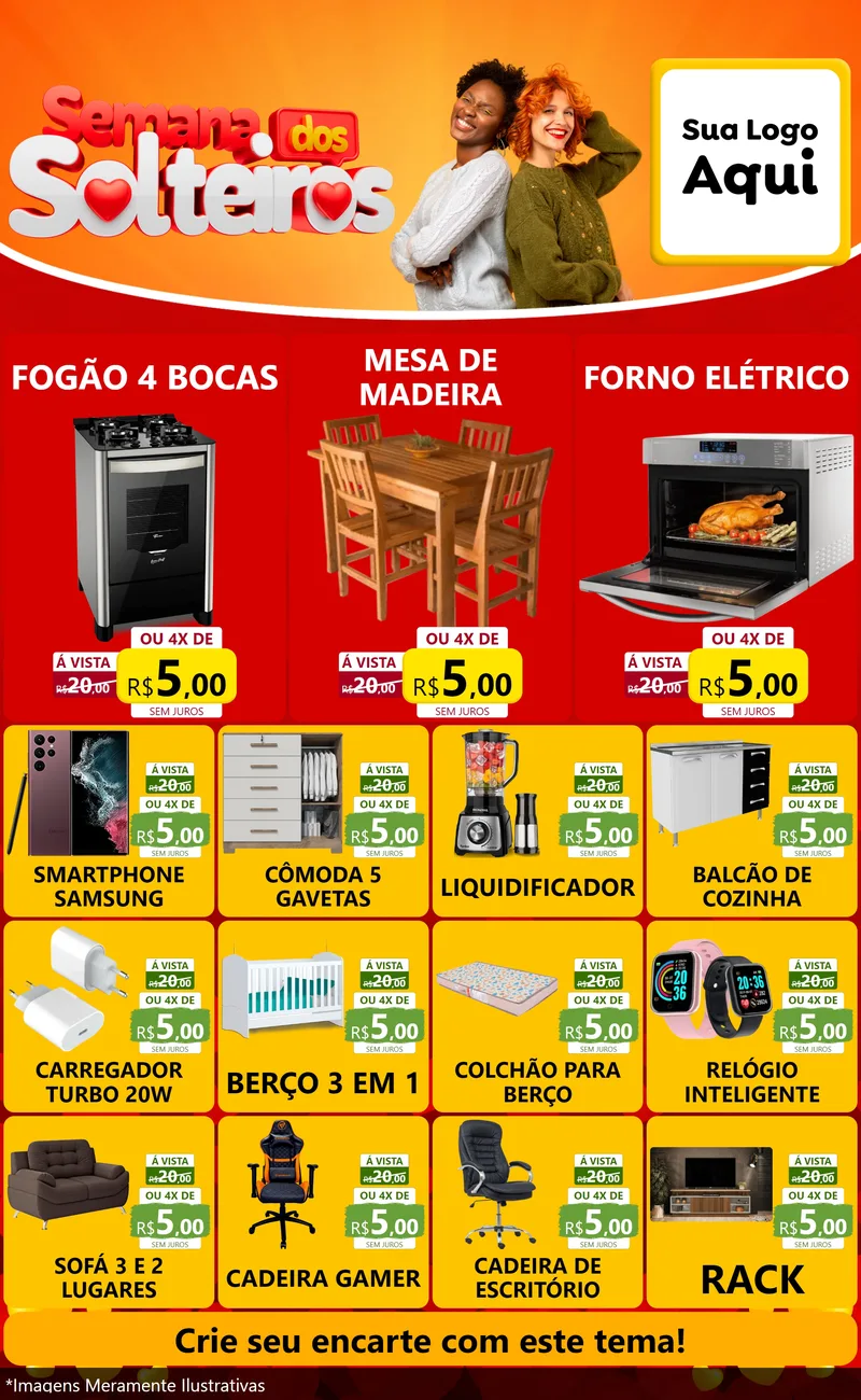 Modelo de Encarte para Encarte Grande com o tema Semana dos Solteiros para Móveis e Eletro