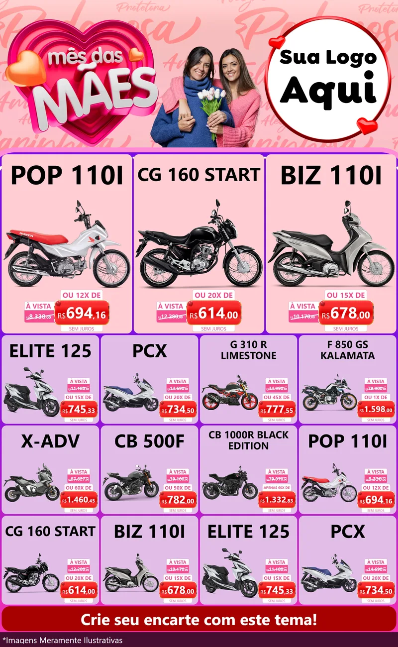 Modelo de Encarte para Encarte Grande com o tema Mês Das Mães para Concessionaria de Motos