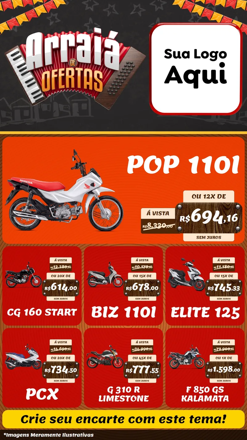 Modelo de Rede Social para Stories com o tema Arraiá de Ofertas - Junina para Concessionaria de Motos