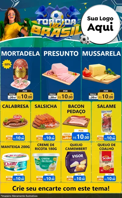 Modelo de Encarte para Encarte Grande com o tema Torcida Vai Brasil - Copa para Frios e Laticínios