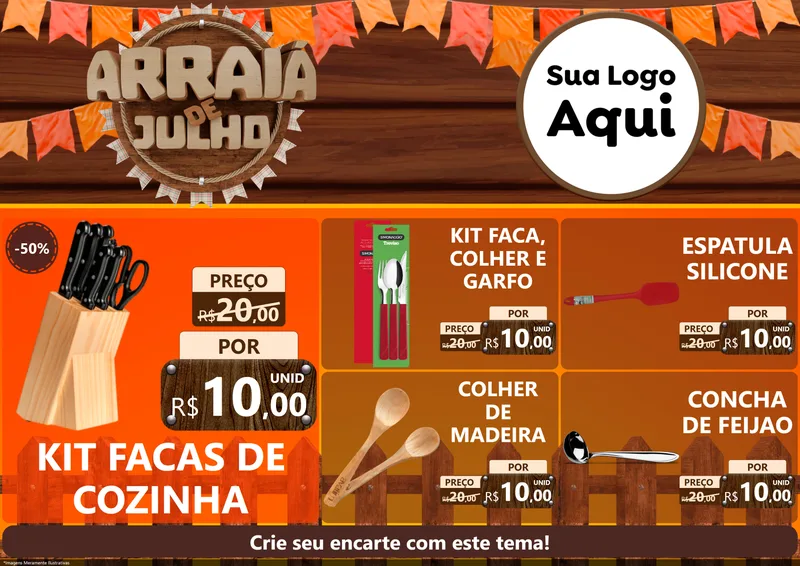 Modelo de Encarte para Encarte A4 Horizontal com o tema Arraiá de Julho - Junina para Utilidades Domésticas