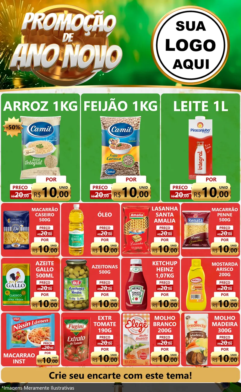 Modelo de Encarte para Encarte Grande com o tema Promoção de Ano Novo para Supermercado