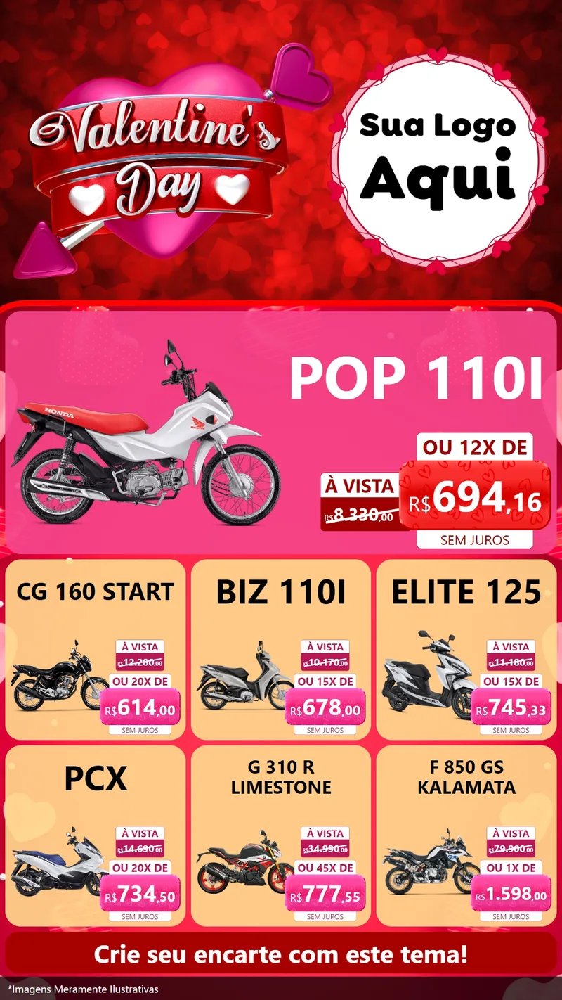 Modelo de Rede Social para Stories com o tema Valentine's Day para Concessionaria de Motos