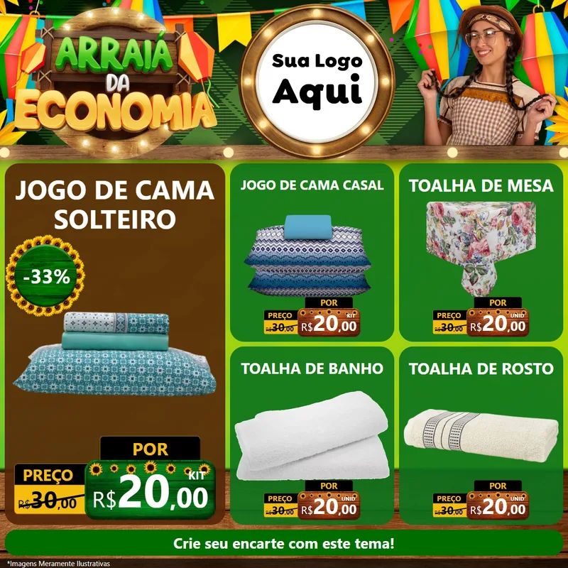 Modelo de Rede Social para Feed Facebook com o tema Arraiá de Economia para Cama, Mesa e Banho