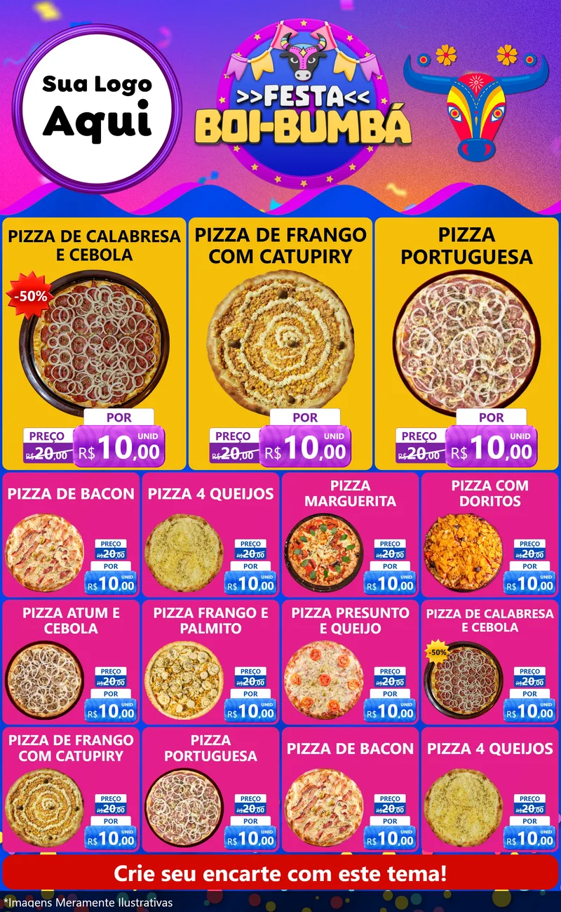 Modelo de Encarte para Encarte Grande com o tema Festa Boi-Bumbá para Pizzaria