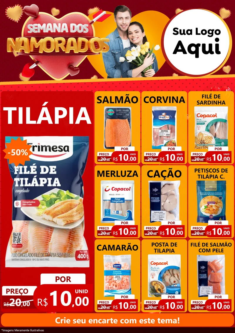 Modelo de Encarte para Encarte A4 Vertical com o tema Semana dos Namorados para Peixaria