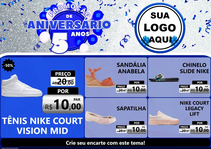 Modelo de Encarte para Encarte A4 Horizontal com o tema Promoção de Aniversário - 5 Anos para Calçados
