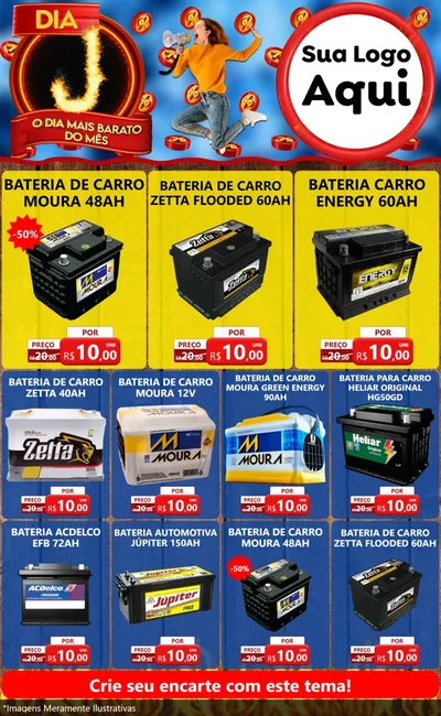 Modelo de Encarte para Encarte Grande com o tema Dia J - O Dia Mais Barato Do Mês para Baterias Elétricas